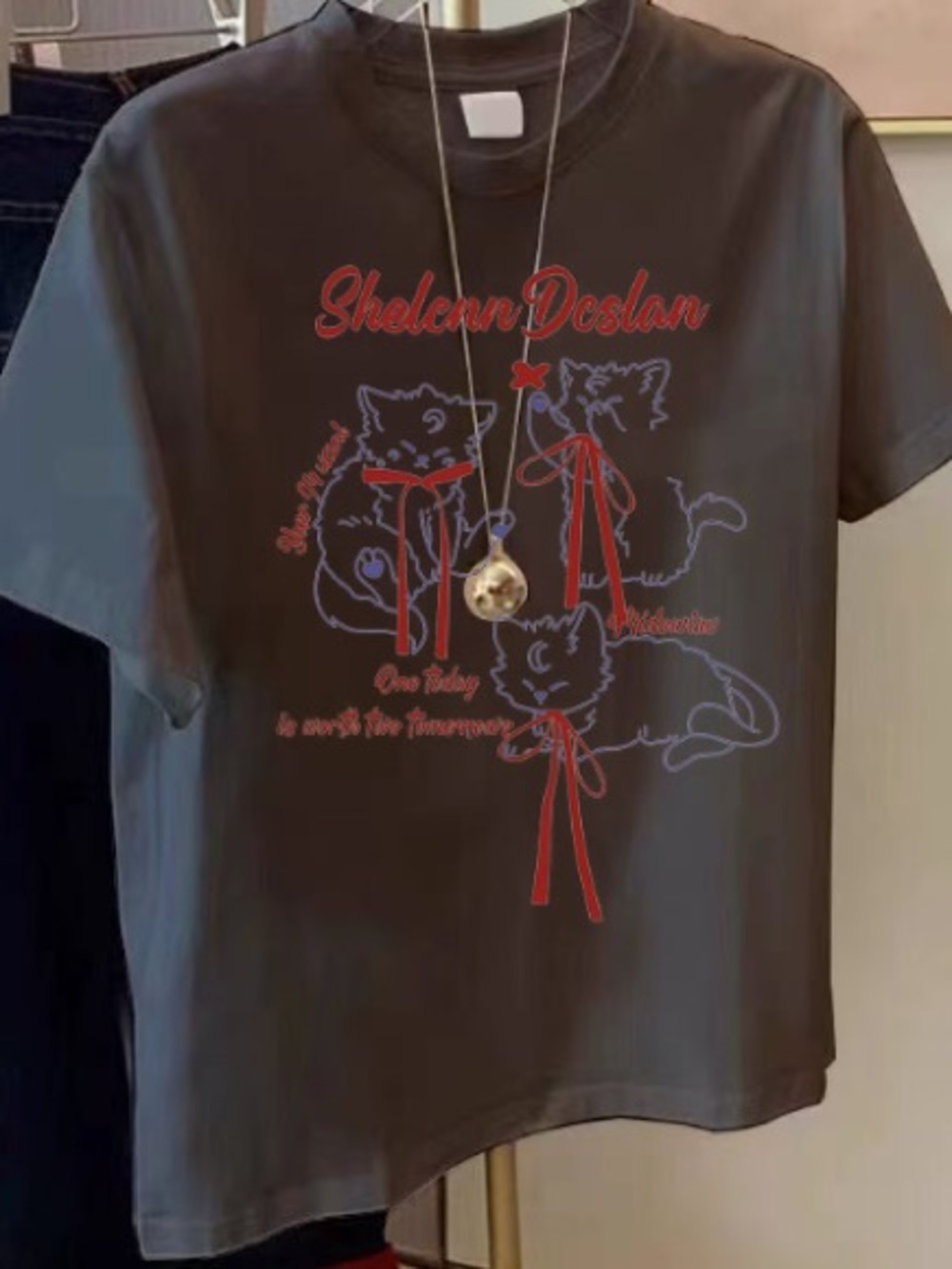 Kids Graphic Tee with Red Ribbon Kitten Design
